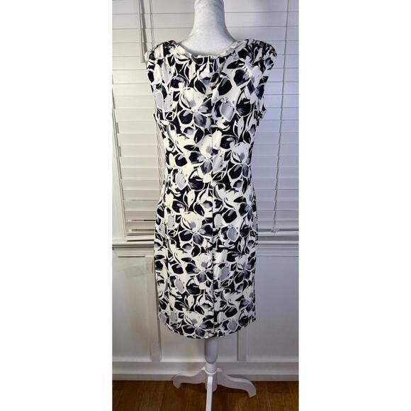 Lauren Ralph Lauren Black White Blue Floral Ruched Sheath Dress Size 12 - Picture 2 of 6